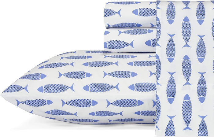 Nautica - Twin Size Sheet Set, Crisp & Tailored Cooling Sheets with a Smooth Cotton Percale Lightweight Feel - Bed Sheets with Matching Pillowcase & Fitted Sheet (Whale Stripe Blue)