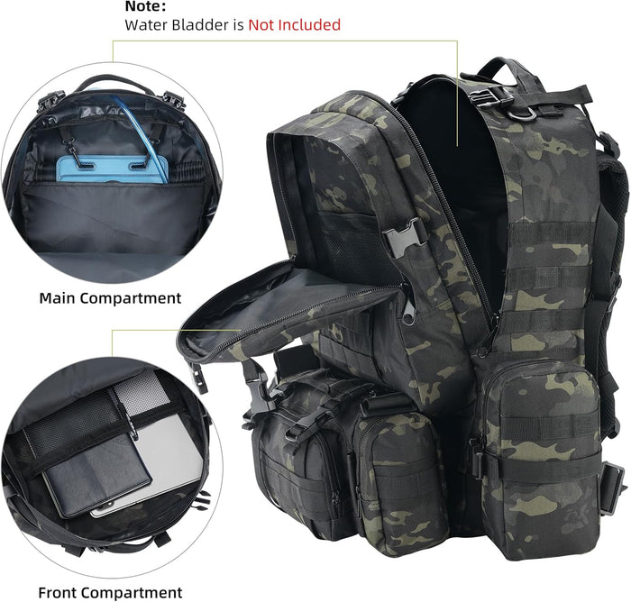 60L Tactical Military Backpack Large Capacity Army Rucksack with Detachable Molle Pouches for Men and Women (Black Camo, Large)