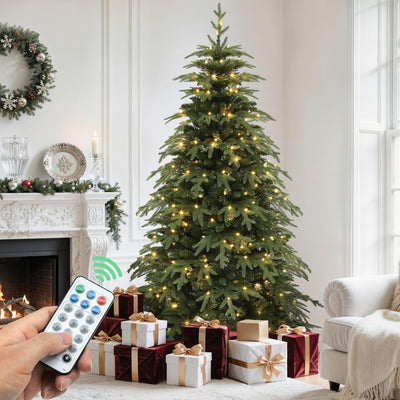 YITAHOME 7.5FT Prelit Slim Fraser Grande Christmas Tree with Remote Control, Artificial Hinged Drooping Pencil Prelit Holiday Christmas Tree w/ 2199 Mixed PE & PVC Tips, 400 Lights & 11 Light Modes