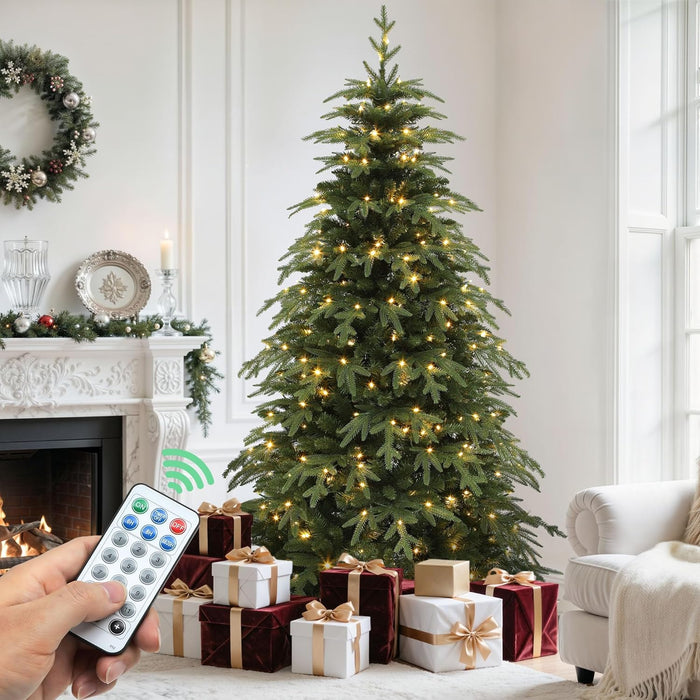 YITAHOME 7.5FT Prelit Slim Fraser Grande Christmas Tree with Remote Control, Artificial Hinged Drooping Pencil Prelit Holiday Christmas Tree w/ 2199 Mixed PE & PVC Tips, 400 Lights & 11 Light Modes