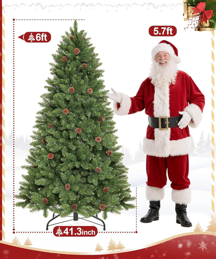 Decoway 6FT Artificial Christmas Tree: Unlit Green Xmas Pine with Pinecones and Metal Stand for Indoor - Holiday Decoration for Porch Living Room Easy Assembly