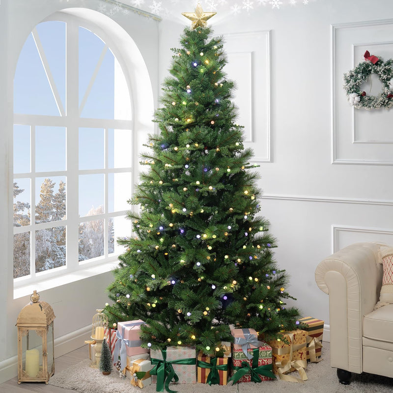 Camden 7.5ft Prelit Artificial Christmas Tree with Foot Pedal, 2755 Branch Tips, 600 Warm Lights and Metal Stand, 58" Wide Realistic Hinged Christmas Tree with Lights by Naomi Home