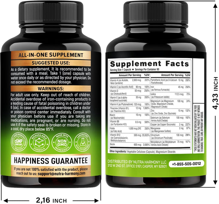 Bariatric Multivitamin - 45 mg Iron Supplements - Made in USA - for Women & Men - All-in-One, 21 Essential Vitamins - Gastric Sleeve Support - Free of Sugar, Gluten & Soy - 90 Capsules, Once Daily