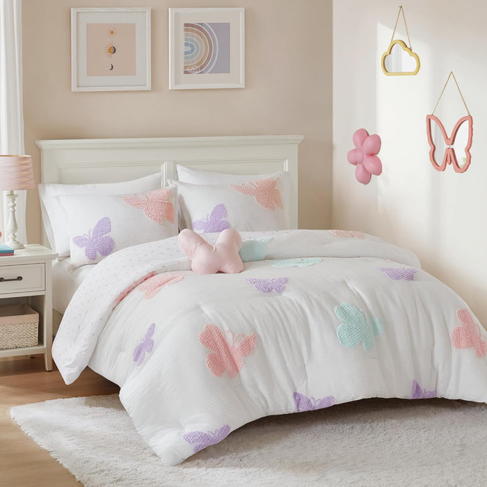 Intelligent Design Kids Full Comforter Set for Girls, Tufted Chenille Floral Comforter Set Queen, Lightweight Polka Dot Reversible Bed Set, Shams, Pillow, Gracie, Full/Queen White/Purple 4 Piece