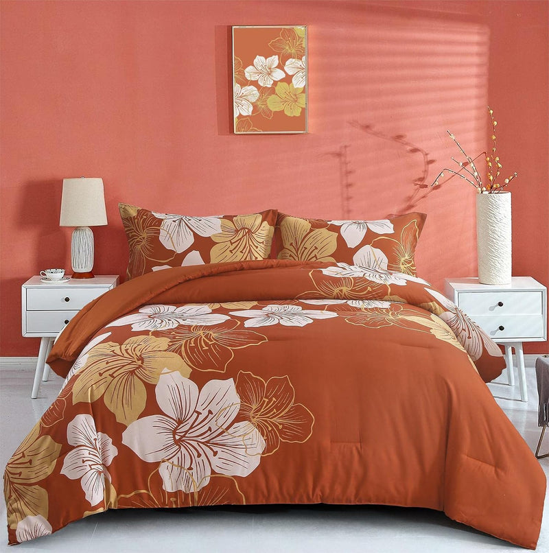 Menghomeus Black Comforter Set Queen Red and White Floral Comforter with 2 Pillowcases Modern Bedding Sets Lightweight Bed Set for All Season