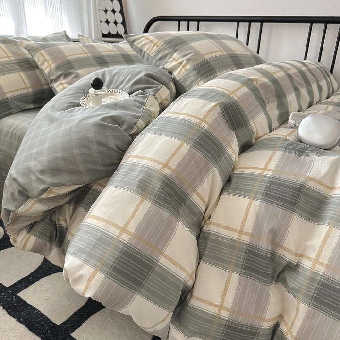 LifeTB Tan Gingham Grid Duvet Cover Queen 3 Pieces Beige Plaid Duvet Cover 100% Washed Cotton Boho Plaid Comforter Cover with 2 Pillowcases Farmhouse Checkered Gingham Bedding Set Queen