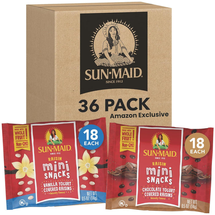 Sun-Maid Vanilla & Chocolate Yogurt Coated Raisins Variety Pack - (36 Pack) 0.5 oz Mini Snack-Size Bag - Yogurt Covered Dried Fruit for Lunches and Back to School Snacks (Amazon Exclusive)