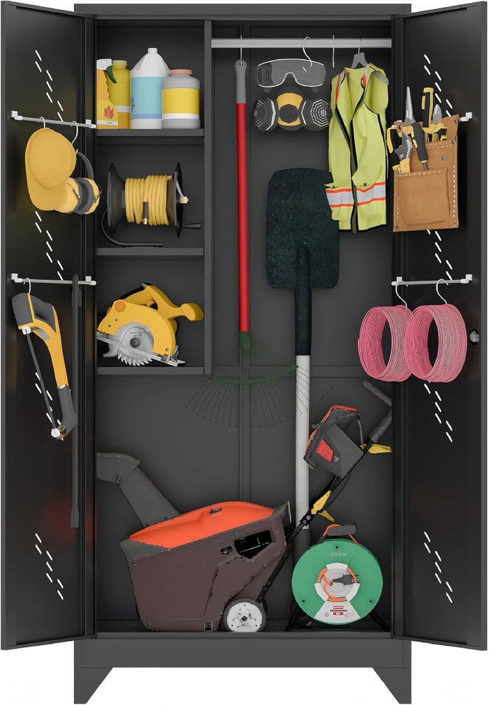61" Broom Closet Storage Cabinet, Metal Storage Cabinet with Doors, Utility Cabinets for Brooms and Mops, Cleaning Tool Cabinets for Garage, Laundry Room, Bathroom