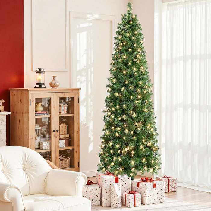 SHareconn 6ft Prelit Artificial Hinged Slim Pencil Christmas Tree with Warm White Lights, Full Branch Tips, Good Choice Decoration for Xmas Holiday, 6 FT, Green