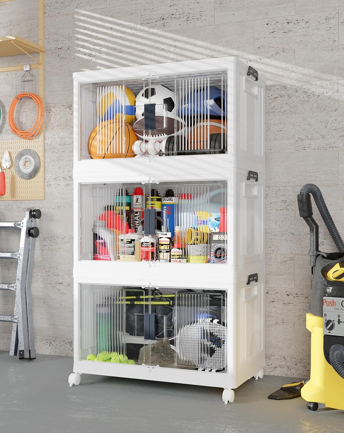 OlarHike 48QT Stackable Storage Bins with Lids - Folding Storage Boxes with Doors and Wheels, Collapsible Plastic Storage Organizer for Closets, Storage and Organization, 6 Pack Cubes