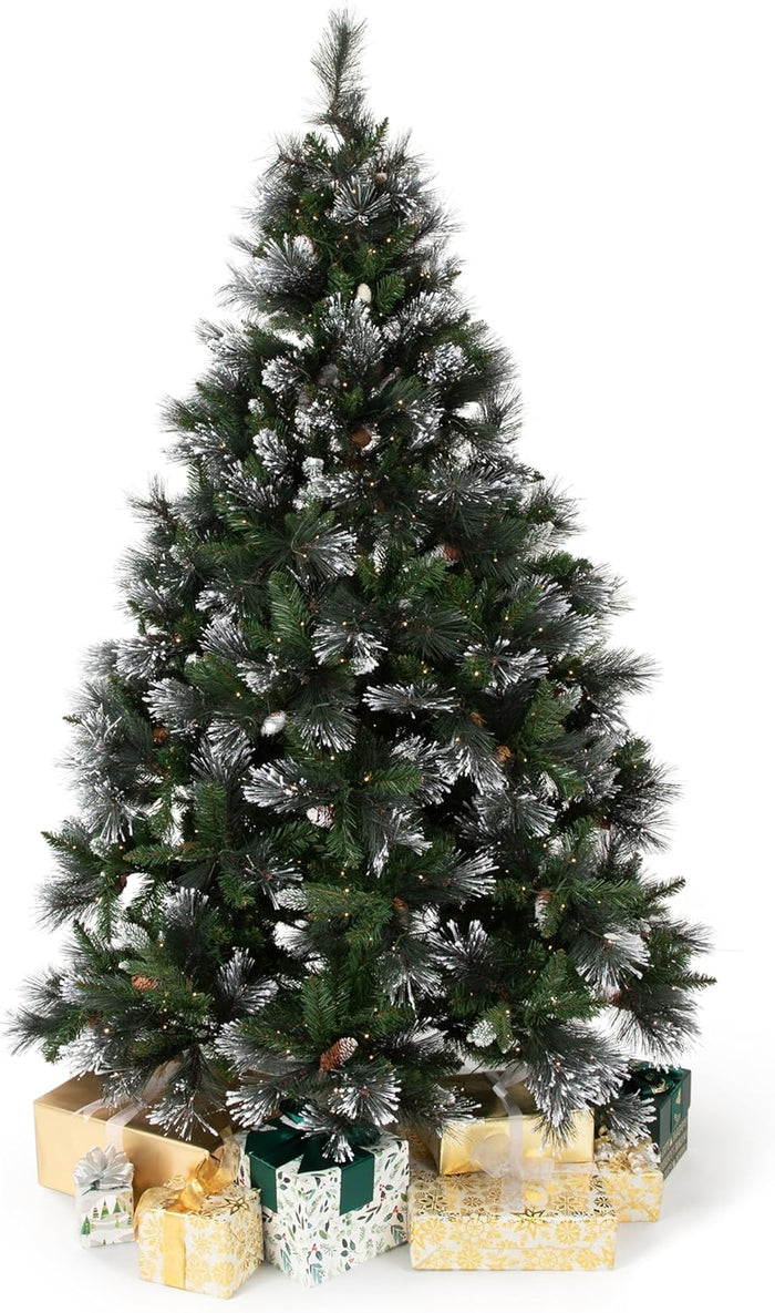 Papyrus 7 ft Pre-Lit Artificial Christmas Tree, Carolina Pine, Pine Cones, Warm White Lights, Includes Stand and Storage Bag