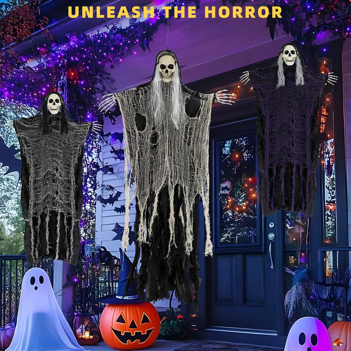 Halloween Decorations Outdoor/Indoor,Set of 3 Scary Hanging Ghosts,Halloween Grim Reaper Skeleton, Scary Party Decorations,Haunted House Decor for Yard/Lawn/Garden.