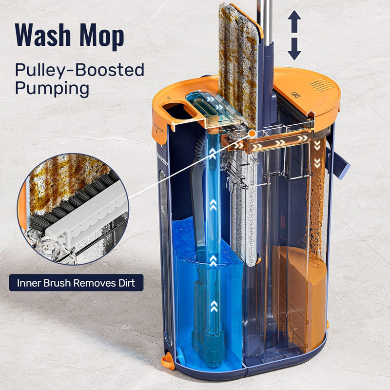 Mop and Bucket Set with Wringer, 3-Tank Flat Mop and Bucket System, Wall Mop Cleaner with Long Handle, Hands Free Mops for Floor Cleaning with 4 Microfiber Pads