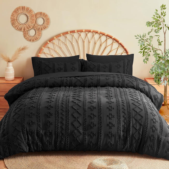 MR&HM Beige Comforter Set Queen, Tufted Boho Bedding Set, Farmhouse Bed in a Bag Set 7 Pieces with 1 Comforter, 2 Pillow Shams, 2 Pillowcases, 1 Flat Sheet, 1 Fitted Sheet for All Seasons