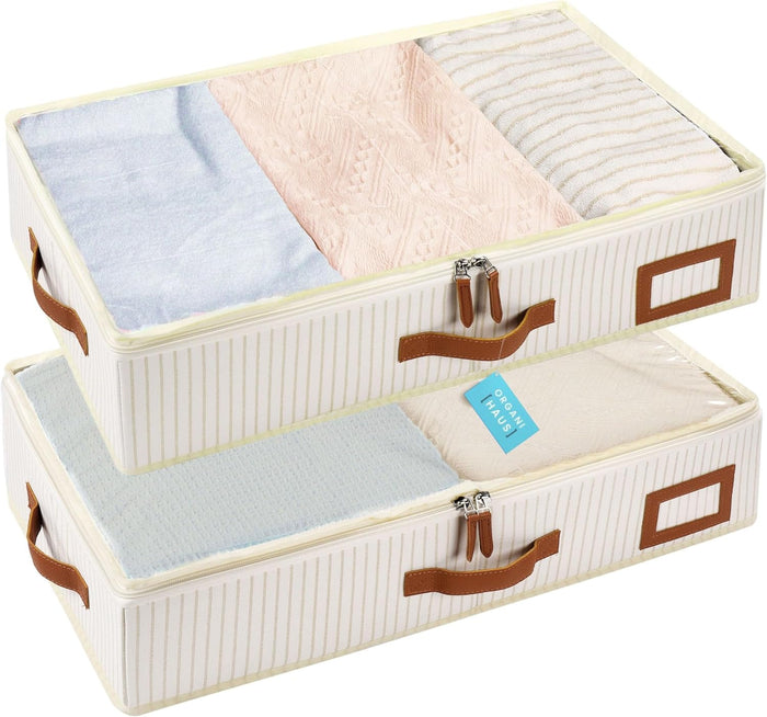 OrganiHaus Under Bed Storage Containers, Bedroom Storage and Organization Bins, Clothes Organizer for Closet with Clear Cover and Reinforced Handles - Set of 2 33x17x6 inches White Striped