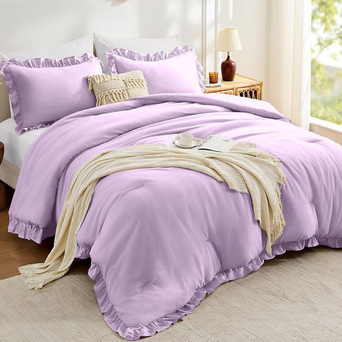 FUANNA Queen Comforter Set Beige 3 Pieces, Ruffle Shabby Chic Queen Bed Set, Fluffy Lightweight Soft Bed in a Bag Queen for All Seasons, Farmhouse Bedding Comforter Sets(1 Comforter & 2 Pillowshams)
