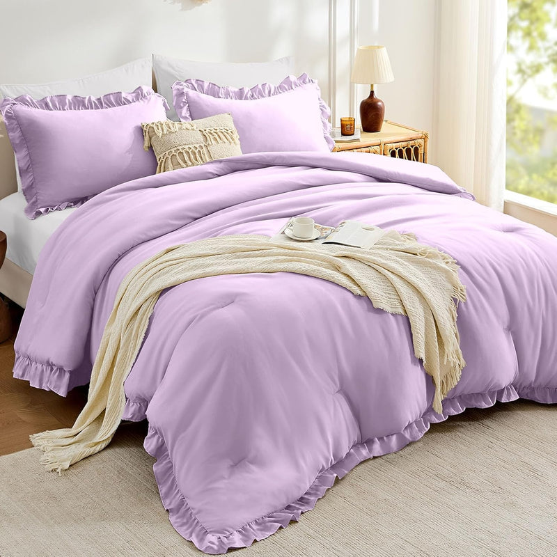 FUANNA Queen Comforter Set Beige 3 Pieces, Ruffle Shabby Chic Queen Bed Set, Fluffy Lightweight Soft Bed in a Bag Queen for All Seasons, Farmhouse Bedding Comforter Sets(1 Comforter & 2 Pillowshams)