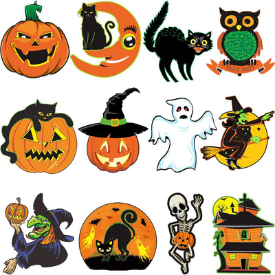 Vintage Halloween Decorations - 12 Piece Large Size Cutouts, Durable Cardboard Classic Artwork Cut Outs Old Style Halloween Elements for Window Wall Decor