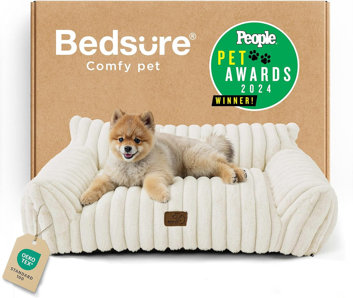 Bedsure Cute Cat Couch for Pets - Fluffy Cat beds with Premium Soft Corduroy Fleece, Fuzzy Cats beds for Indoor Cats with Removable Washable Cover, Supportive Pet Sofa, 24inch, Cream