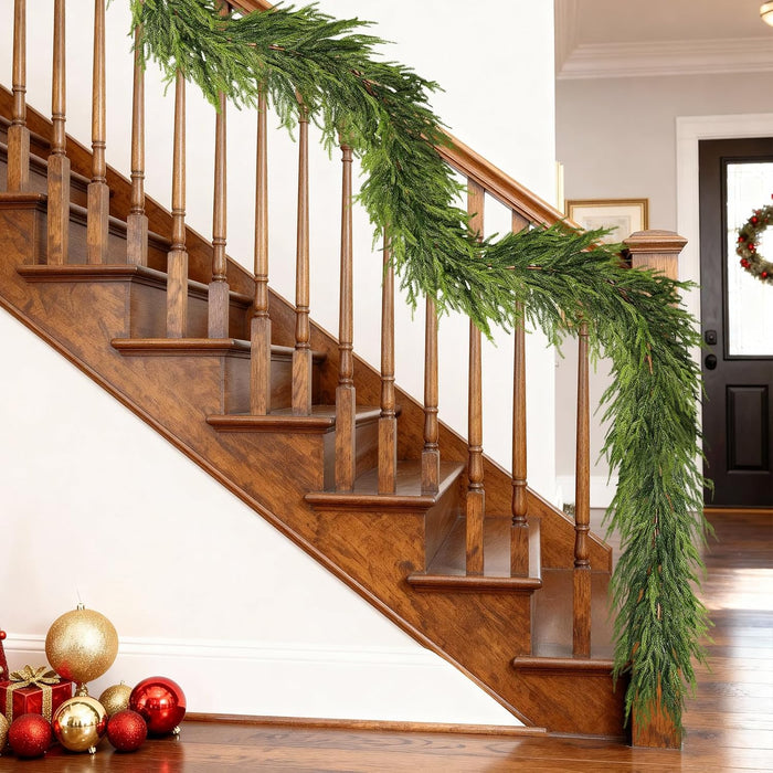 9FT Real Touch Norfolk Pine Garland - Artificial Christmas Garland Fake Green Faux Pine Needles Garland for Table Fireplace Mantle Holiday Home Indoor Outdoor Decor (2PCS)