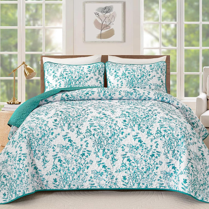 WONGS BDEEING Quilt King Size, Sage Green Quilt Bedding Set with 2 Pillowcases, Botanical Quilt for King Bed, Soft Microfiber Lightweight Coverlet Bedspread for All Season (110"×90", 3 Pieces)