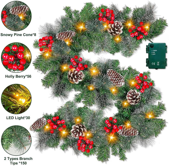 6 Ft by 10 Inch Pre-lit Artificial Christmas Garland with 30 Warm Lights Timer Battery Operated 150 Snowy Bristle Pine Branches 56 Red Berries 8 Pinecones Xmas Decor for Home Indoor Mantle Fireplace