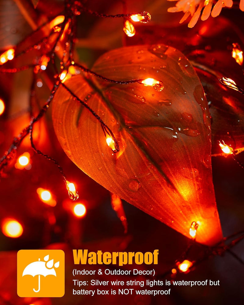 Halloween Fairy Lights Battery Operated, 10 Feet 120LEDs Firecracker String Lights Waterproof Silver Wire Starry Firefly Light for Bedroom Home Haunted House Indoor Outdoor Holiday Decorations, Orange