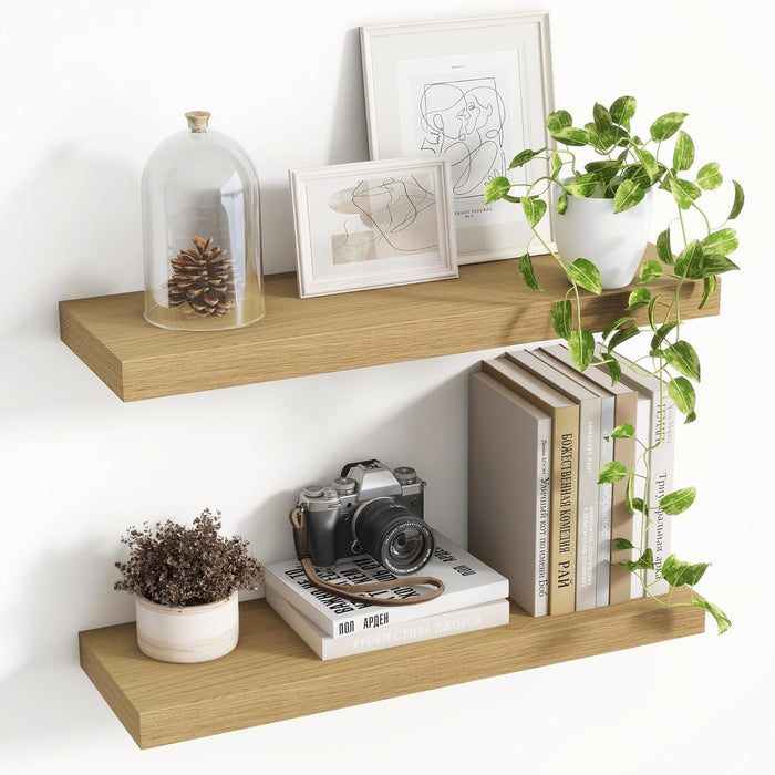 16 Inch Floating Shelves, 8 Inch Deep Floating Shelves for Wall, Hanging Shelf with Invisible Brackets, Deep Shelves for Bathroom, Bedroom, Living Room, Walnut, Set of 2
