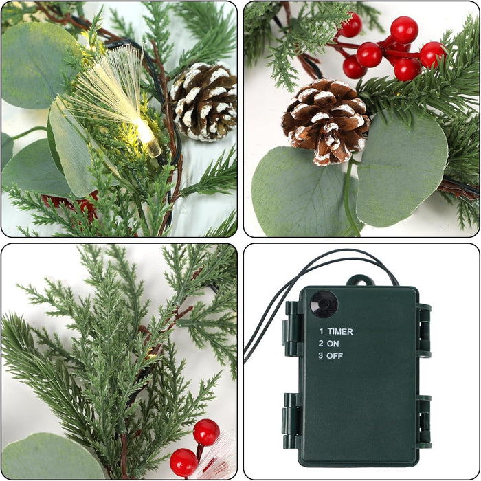 DR.DUDU Christmas Garland Decorations, 6FT Garlands with Lights Timer Indoor Decoration Pre-Lit Green Garland with Pine Cones Red Berry for Mantle Outdoor Fireplace Stairs Holiday Winter Décor
