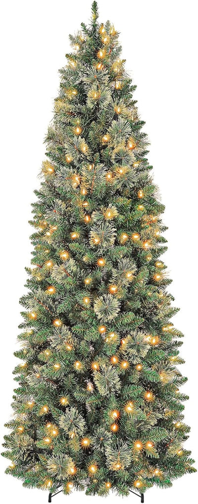 Hykolity 7.5 ft Prelit Artificial Pencil Slim Christmas Pine Tree with 792 PVC Branch Tips, 300 Warm White LED Lights, Metal Stand and Hinged Branches, Perfect for Home, Decoration