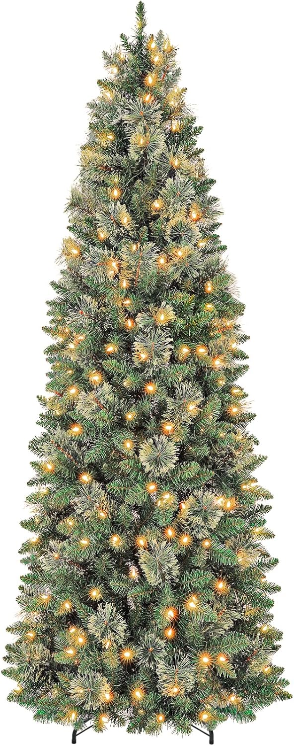 Hykolity 6ft Prelit Pencil Slim Christmas Tree with 200 Color Changing LED Lights, 544 Branch Tips, Metal Stand and Hinged Branches, 10 Color Modes