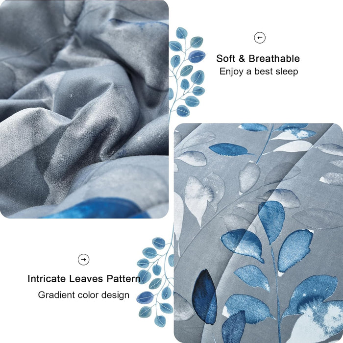 Blue Floral Comforter Set Queen Size 7 Piece Navy Botanical Gradient Leaves Ultra Soft Microfiber Down Alternative Bedding Set Lightweight Reversible Boho Bed Comforter Set for All Season 90" x 90"