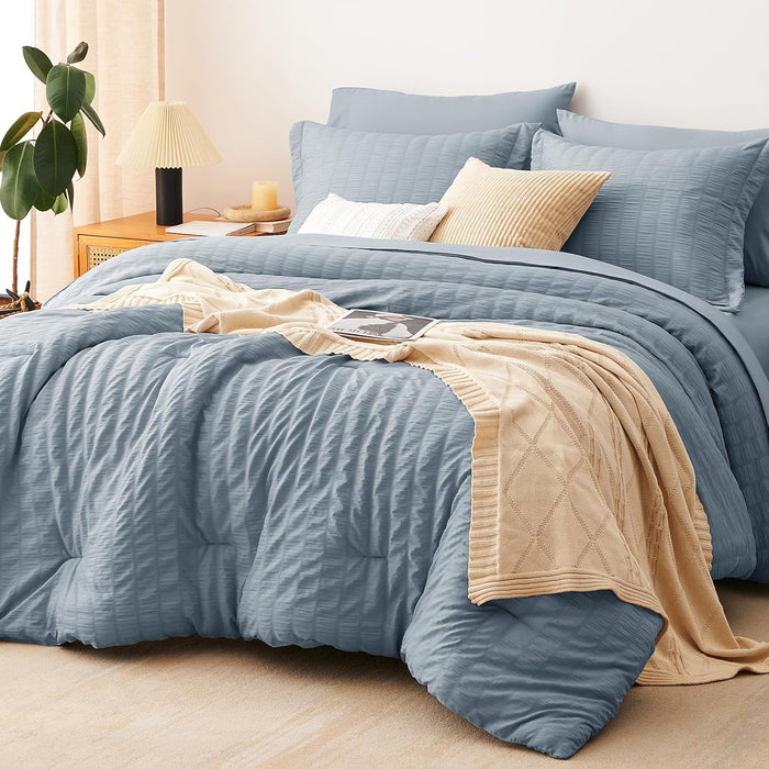 CozyLux Queen Comforter Set Dark Grey Seersucker 7 Pieces Bed in a Bag Queen Comforter Set with Sheets, Luxury Soft Bedding Set with Down Alternative Comforter, Sheets, Pillowcases & Shams All Seasons