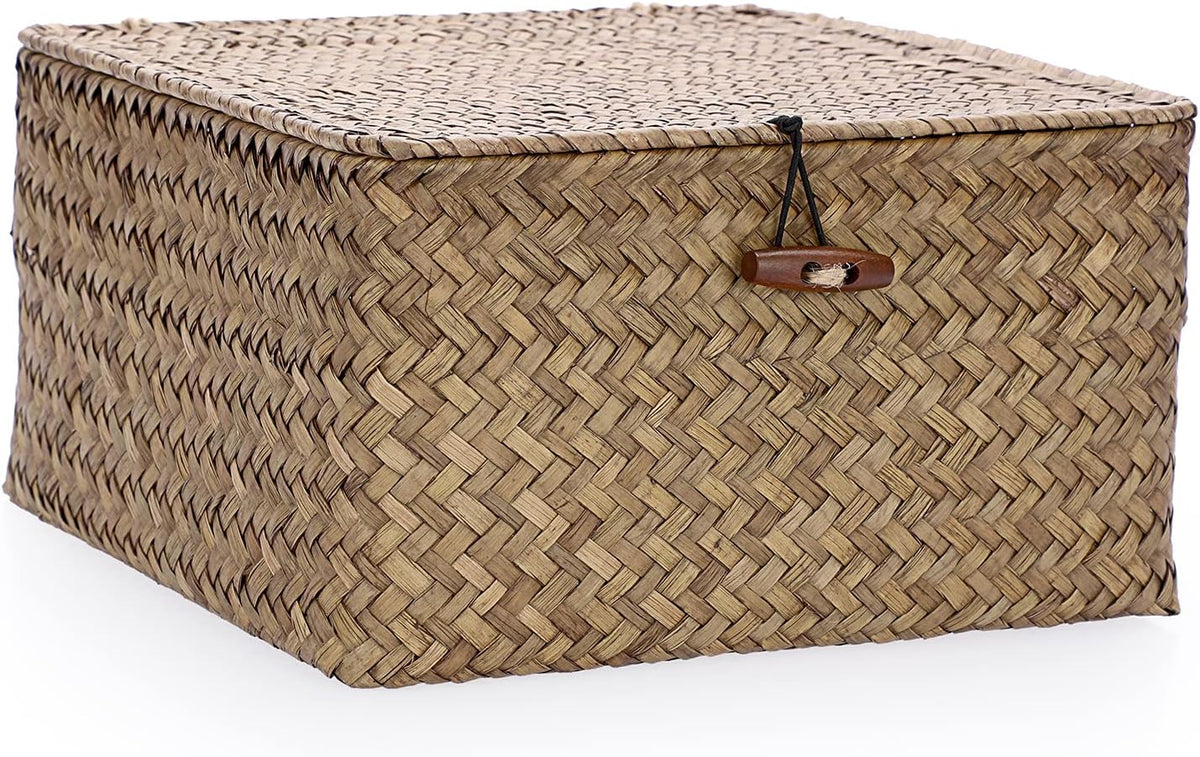 Hipiwe Handwoven Seagrass Basket Bin Square Household Storage Container with Lid Wicker Shelf Basket Bin for Bookshelf Living Room Bath Room, Large Caramel