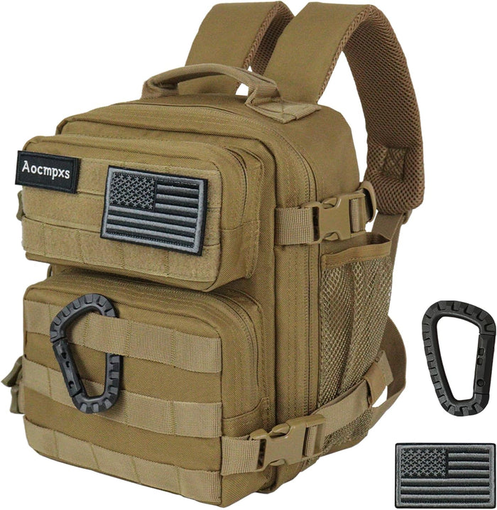 Mini Tactical Backpack, 9L Small Gym Backpacks Sport Bag for Men Women Molle Military Pack with US Flag Patch and Carabiner (Tan)