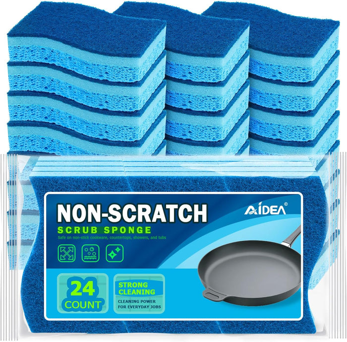 AIDEA Non Scratch Scrub Sponge, 24Count, Sponges for Dishes, Sponges Kitchen, Cleaning Sponge, Cleans Fast Without Scratching, Stands Up to Stuck-on Grime, Cleaning Power for Everyday Jobs