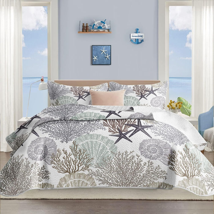Tritard 3 Piece Coastal Quilt Sets Full/Queen Size - Reversible Microfiber Quilts with 2 Shams Soft Lightweight Beach Bedding Nautical Bedspread Coverlet Summer Comforter for All Season, 90''x96'', C1