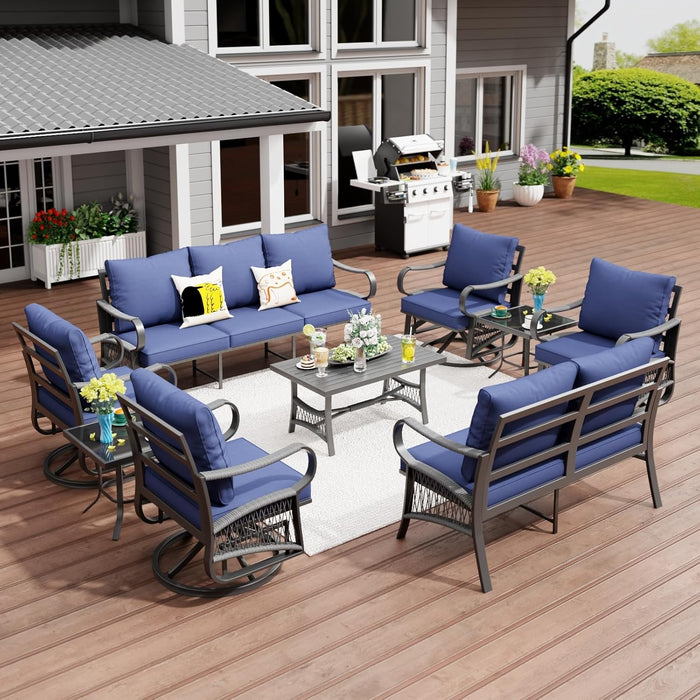 5 Piece Patio Furniture Set, Outdoor All Weather Conversation Sofa Set with 2 Swivel Chairs, Rope Braided Design and Thick Cushions for Garden, Porch, Lawn, Beige