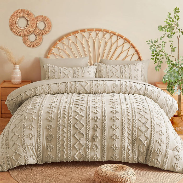 MR&HM Beige Comforter Set Queen, Tufted Boho Bedding Set, Farmhouse Bed in a Bag Set 7 Pieces with 1 Comforter, 2 Pillow Shams, 2 Pillowcases, 1 Flat Sheet, 1 Fitted Sheet for All Seasons