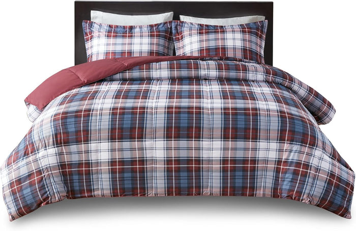 Madison Park Essentials Parkston Plaid Comforter, Matching Sham, 3M Scotchguard Stain Release Cover, Hypoallergenic All Season Bedding-Set, Full/Queen, Black, 3 Piece