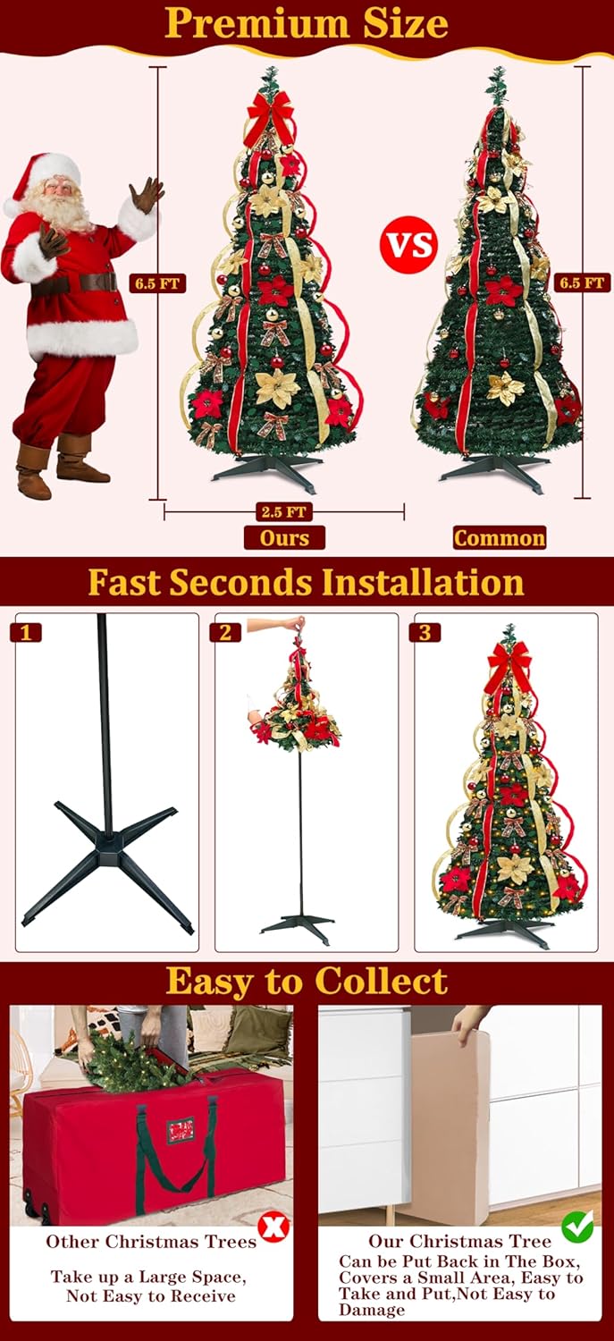 6.5 Ft Prelit Full Pop up Christmas Tree with Timer 8 Mode 200 Warm Lights, Ornaments, Red&Gold Ribbon, Flowers, Bows,UL Plug Powered, Fire-Resistant Collapsible Outdoor Indoor Holiday Party Decor
