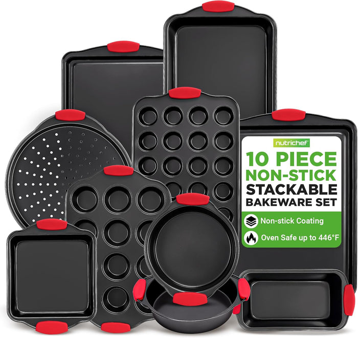 NutriChef 3-Piece Nonstick Kitchen Oven Baking Pans - Premium & Stylish Non-Stick Steel, Commercial Grade Restaurant Quality Metal Bakeware with Red Silicone Handles - Easy to Clean, NCSBS3S