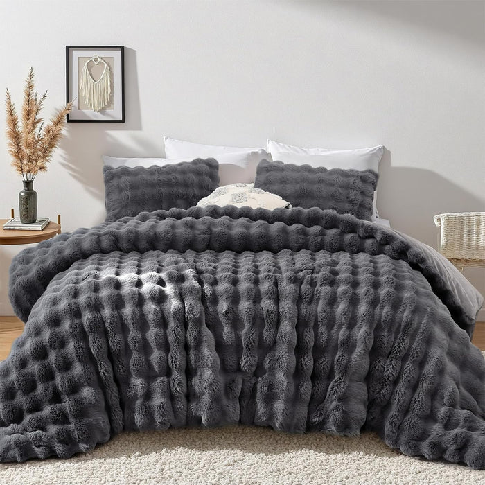 YIKUSH Light Gray Comforter Set King – Ultra Soft & Warm Faux Fur Comforter for Winter, Elegant Fluffy Comforter King Set with Pillowcases, Cozy Gray Bedding Set