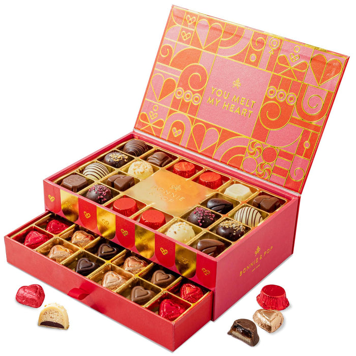 Chocolate Gift Basket, Candy Food Gifts, Gourmet Snack Box, Holiday Present Idea, Corporate Him & Her, Men, Women, Two-Tier Box with Assorted Belgian Truffles, 10+ Flavors, Bonnie and Pop (Red)