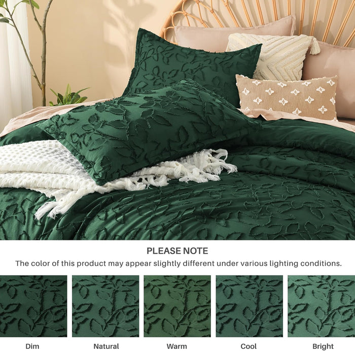 Litanika Queen Size Comforter Set Emerald Green, 3 Piece Dark Green Boho Tufted Bedding, Forest Green Fluffy Farmhouse Bed Set for All Season with 2 Leaf Pattern Pillowcases（90x90In）