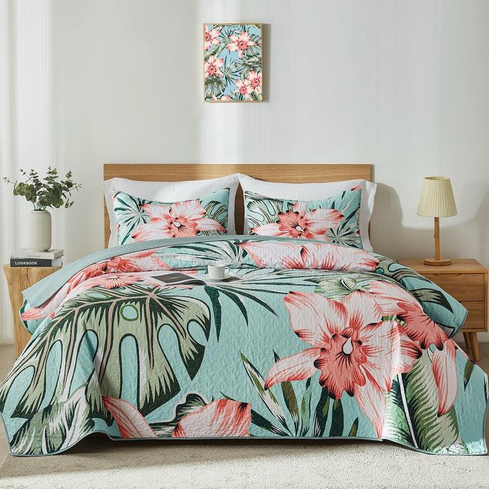 Yogeneg Queen Quilt Bedding Set,Green Pink Botanical Pattern Sky Blue Full/Queen Quilt Set,3 Piece Lightweight Soft Summer Bedspread Coverlet with 2 PIillow Shams,All Season(Sky Blue,90"x96")