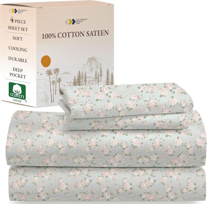 California Design Den Full Size Sheets Set - Natural 100% Cotton Bed Sheets, Soft Sateen Weave, Fully Elasticized Deep Pockets, Breathable, Cooling and Durable Bedding - Doll Pink