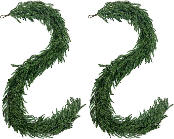 6 Ft 2 Pcs Artificial Norfolk Pine Garland, Real Touch Green Faux Greenery Garland for Christmas Table, Mantle, Wall, Fireplace, Indoor Outdoor Holiday Decor