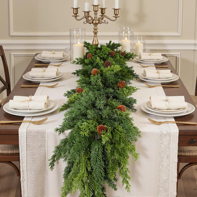 2PCS Christmas Garland, Cedar Garland -Realistic Greenery Cypress Pine Garland with Pinecone for Mantle Table Railing Fireplace Indoor & Outdoor Christmas Decoration