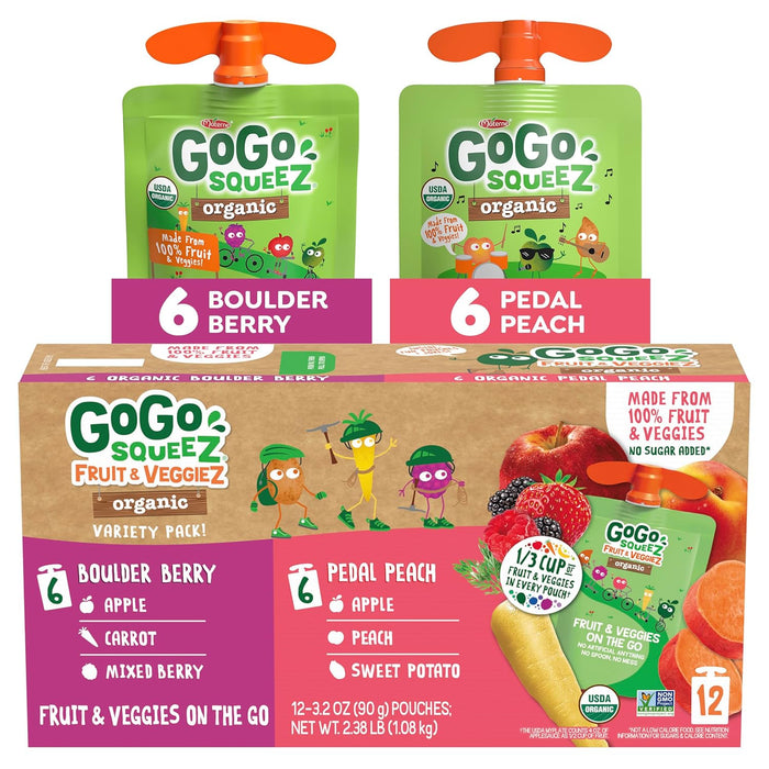 GoGo squeeZ Organic Applesauce and Fruit Puree, Variety Pack, Apple, Strawberry & Banana, 3.2 oz (Pack of 12), Unsweetened Organic Fruit Snacks for Kids, No Gluten, Nut & Dairy, BPA Free Pouches